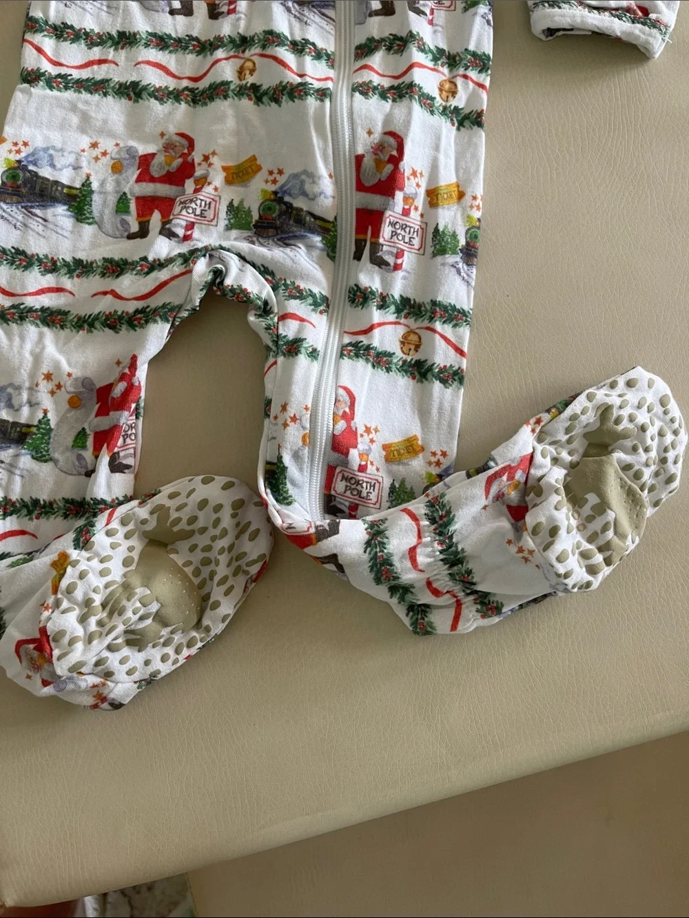White Santa Print Footed One-Piece Pajamas with Red and Green Accents